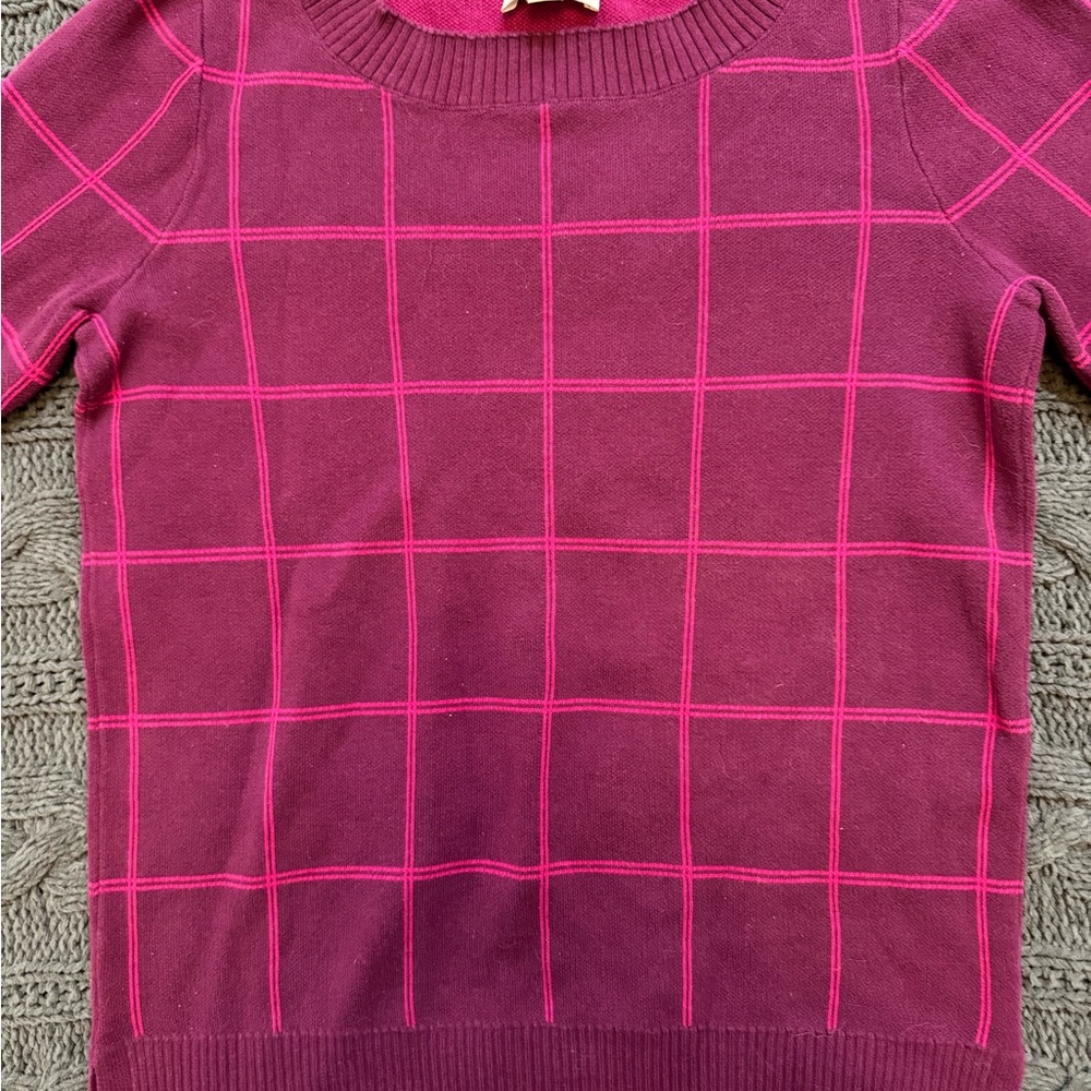 LOFT Fuchsia Checkered Crew Neck Sweater (Small) - Picture 2 of 6
